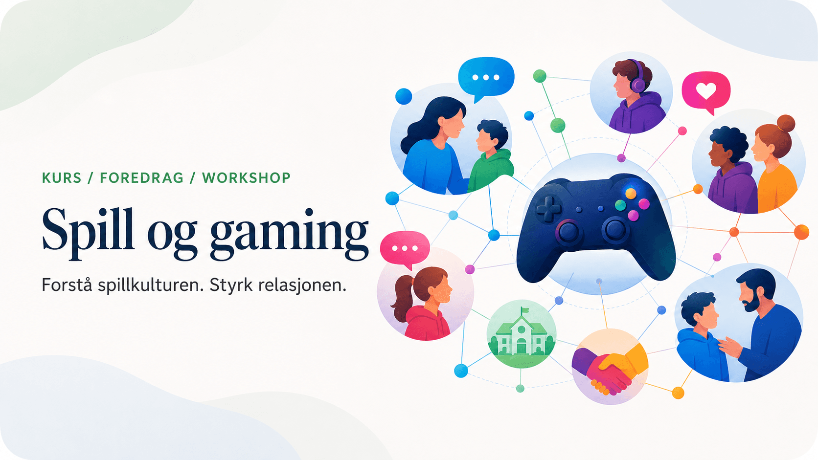 Illustrasjon til kurset «Spill- og gamingskultur», med symboler for gaming, dialog og fellesskap.